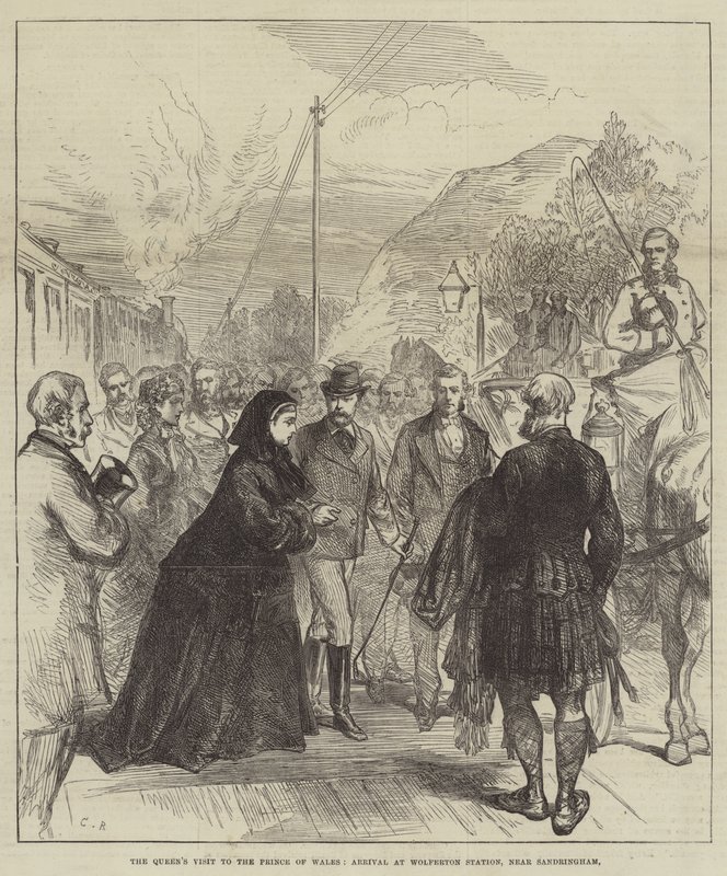 Wizyta królowej u księcia Walii, przyjazd na stację Wolferton, niedaleko Sandringham autorstwa Sir John Charles Robinson