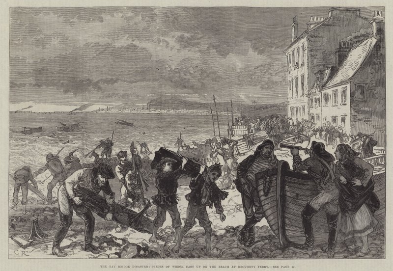Katastrofa na moście Tay, kawałki wraku wyrzucone na plażę w Broughty Ferry autorstwa Sir John Charles Robinson