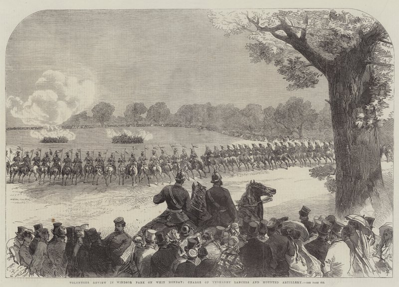 Przegląd wolontariuszy w Windsor Park w Zielone Świątki, szarża ułanów Yeomanry i artylerii konnej autorstwa Sir John Charles Robinson