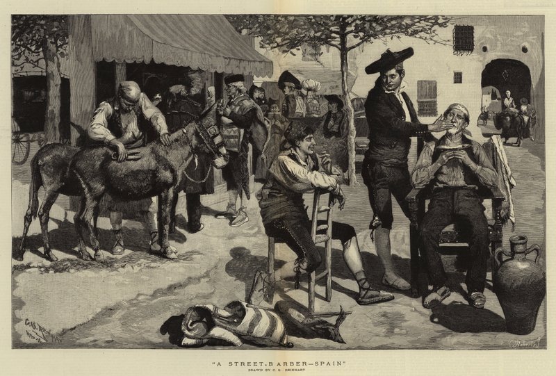 Fryzjer uliczny, Hiszpania autorstwa Charles Stanley Reinhart