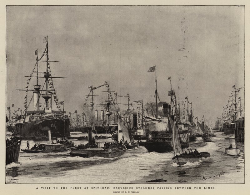 Wizyta we flocie w Spithead, parowce wycieczkowe przepływające między liniami autorstwa Charles William Wyllie
