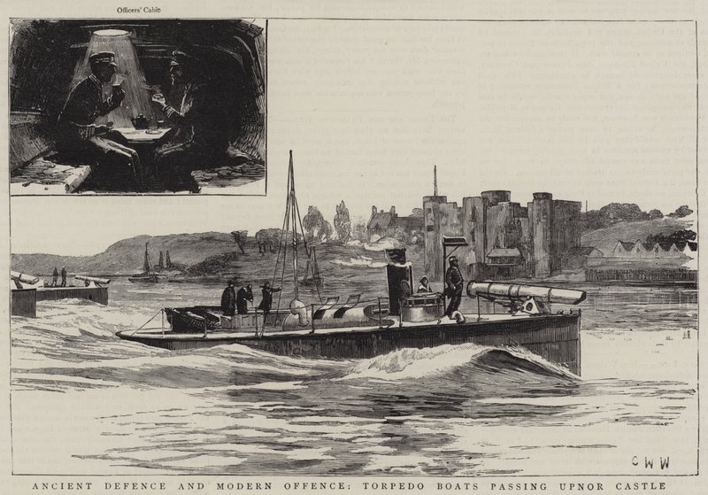 Starożytna obrona i współczesne wykroczenia, Torpedowce mijające zamek Upnor autorstwa Charles William Wyllie