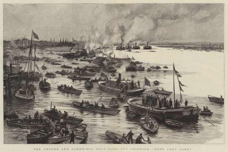 Oxford i Cambridge Boat-Race, niedaleko Chiswick, nadchodzą! autorstwa Charles William Wyllie