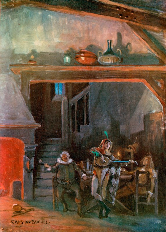 Dwunasta noc: Kuchnia w domu Olivii, autorstwa Josepha Harkera (kolor lito) autorstwa Charles A. Buchel