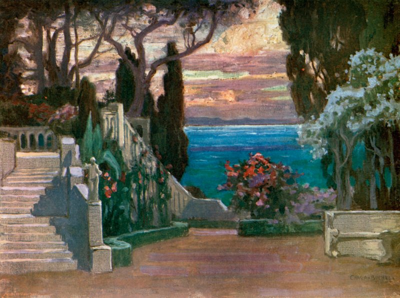 Dwunasta Noc: Taras Domu Olivii, autorstwa Josepha Harkera (kolor lito) autorstwa Charles A. Buchel