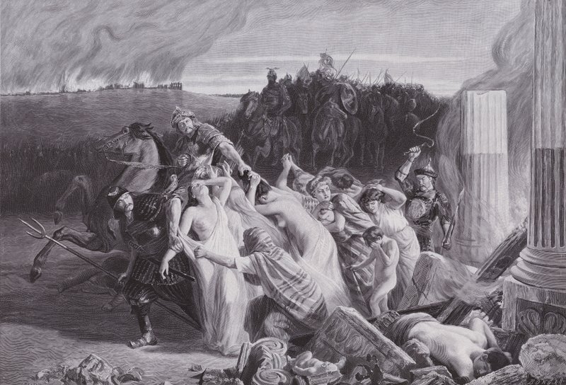 Galowie uprowadzeni przez Hunów (litografia) autorstwa Charles Alexandre Coessin de la Fosse