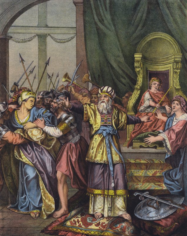 Królowa Judy Atalia wypędzona ze świątyni i zastąpiona jako władczynią przez Jehoasza (kolor lito) autorstwa Charles Antoine (after) Coypel