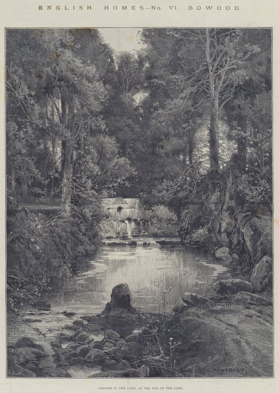 English Homes, Bowood, Cascade in the Park, na końcu jeziora autorstwa Charles Auguste Loye