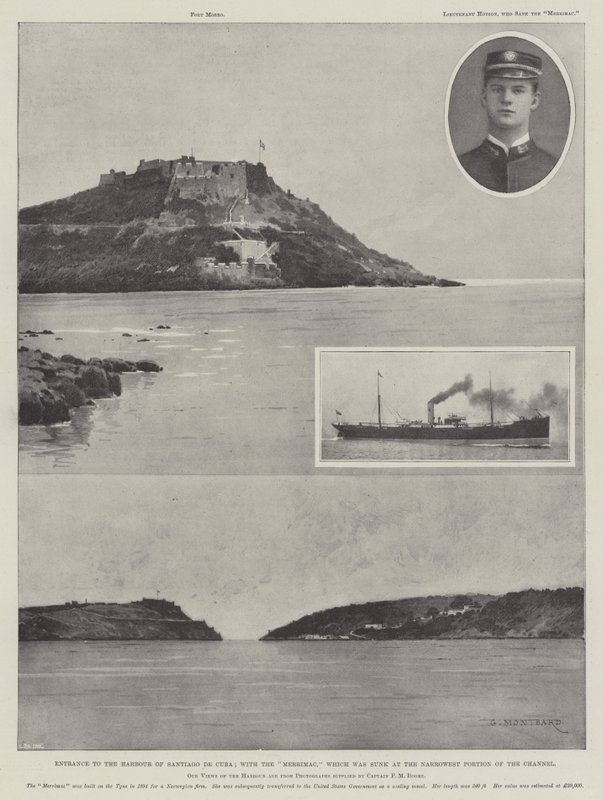 Wejście do portu w Santiago de Cuba; z okrętem Merrimac, który został zatopiony w najwęższej części kanału. autorstwa Charles Auguste Loye