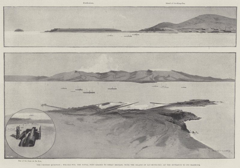 Kwestia chińska, Wei-Hai-Wei, port marynarki wojennej wydzierżawiony Wielkiej Brytanii z wyspą Liu-Kung-Tau, przy wejściu do portu autorstwa Charles Auguste Loye