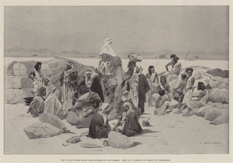 Nubijski Szlak Handlowy z Korosko do Abu Hamed, zatrzymanie karawany Arabów i Bishareen autorstwa Charles Auguste Loye