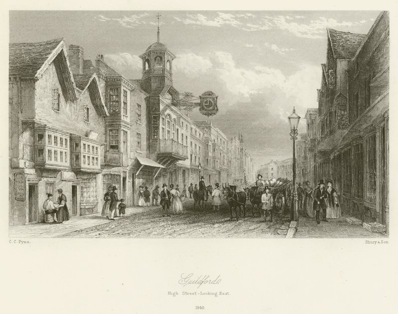 Guildford, High Street, patrząc na wschód, 1840 autorstwa Charles Claude Pyne