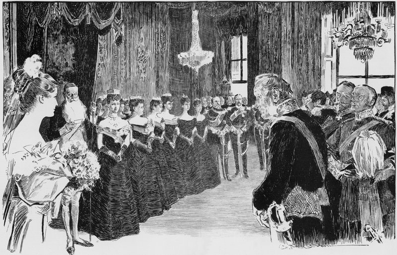 Pierwszy rzut oka na członka rodziny królewskiej, scena w Salonie Królowej autorstwa Charles Dana Gibson