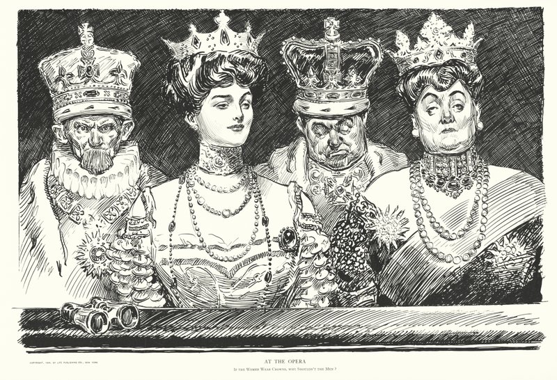 W operze, jeśli kobiety noszą korony, dlaczego mężczyźni nie powinni (litografia) autorstwa Charles Dana Gibson