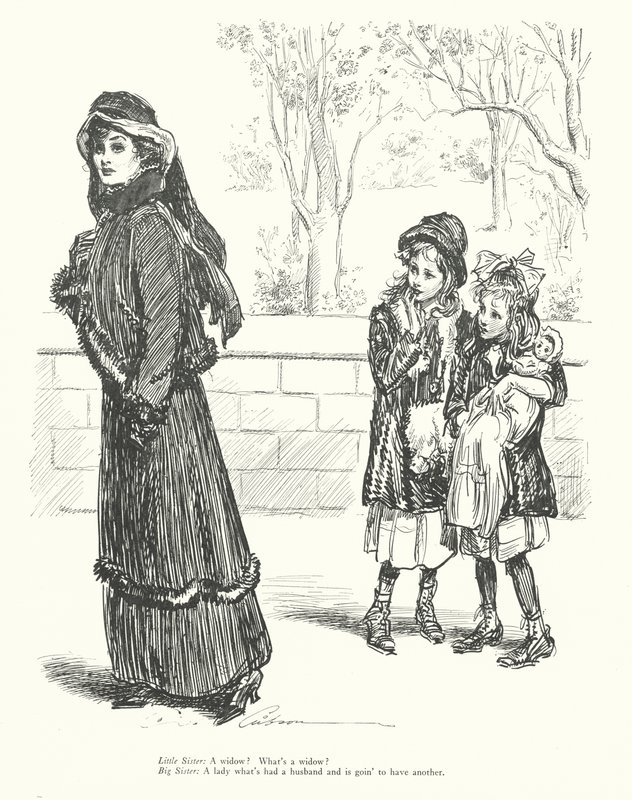 Młodsza siostra: Wdowa Co to jest wdowa Starsza siostra: Dama, która miała męża i zamierza mieć kolejnego (litera). autorstwa Charles Dana Gibson