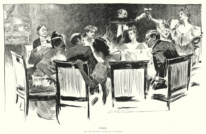 Łamigłówka, znajdź mężczyznę, który płaci za obiad (lito) autorstwa Charles Dana Gibson