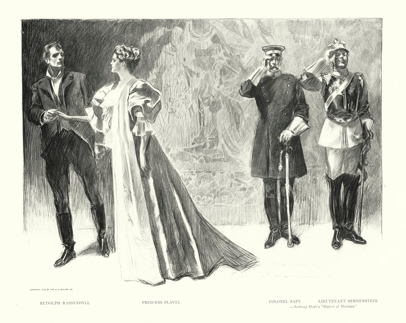 Rudolph Rassendyll, księżniczka Flavia, pułkownik Sapt, porucznik Bernenstein (litografia) autorstwa Charles Dana Gibson
