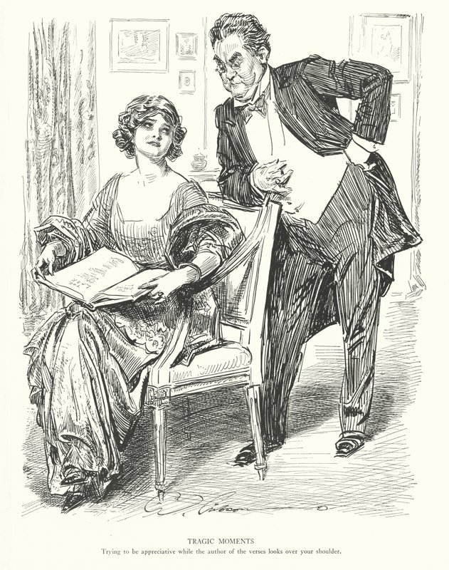 Tragiczne chwile, próba bycia wdzięcznym, gdy autor wersów patrzy ci przez ramię (litografia) autorstwa Charles Dana Gibson