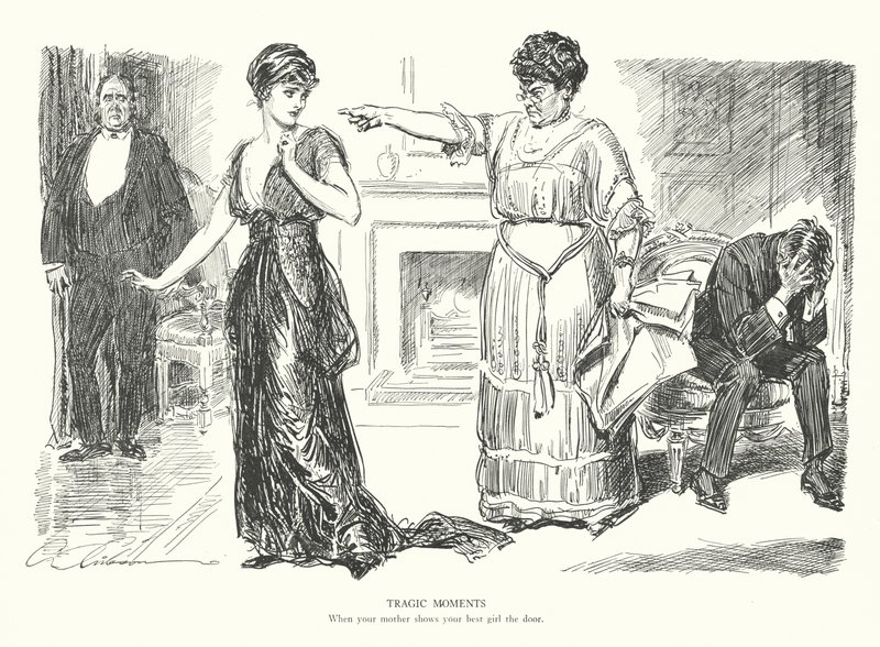 Tragiczne chwile, kiedy twoja matka pokazuje twojej najlepszej dziewczynie drzwi (litografia) autorstwa Charles Dana Gibson