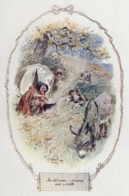 Stara wiedźma pochylona nad czajnikiem (kolor lito) autorstwa Charles Edmund Brock
