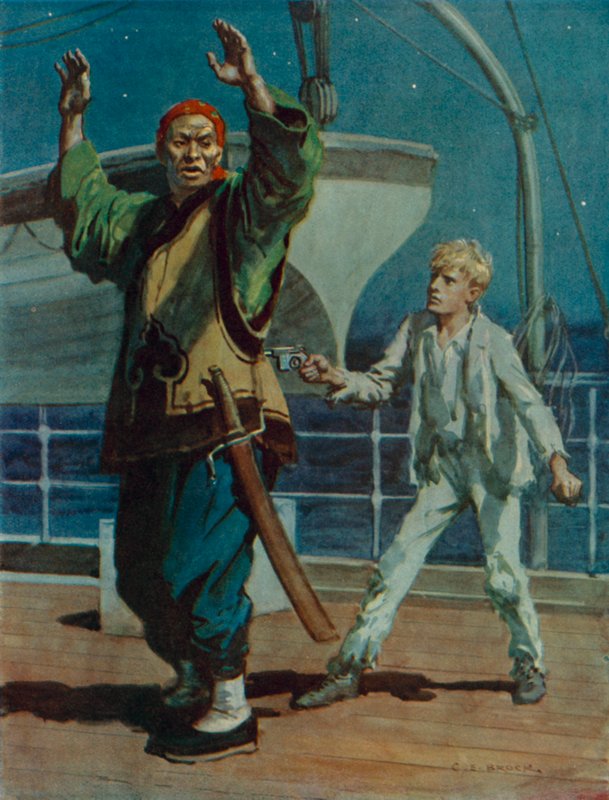 Chłopiec trzymający chińskiego pirata na muszce, scena z filmu Hai Ping the Pirate (litografia kolorowa) autorstwa Charles Edmund Brock