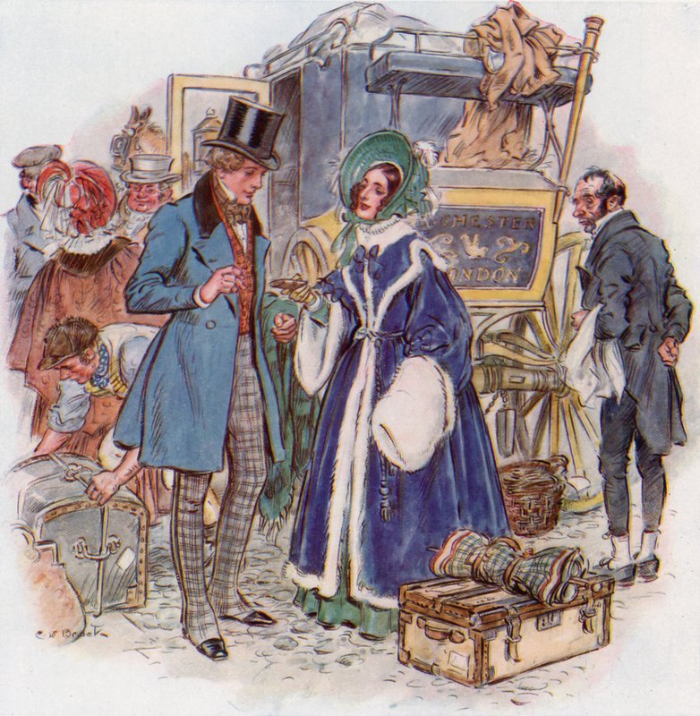 Wielkie nadzieje, Estella przyjeżdża do Cheapside autokarem z Rochester autorstwa Charles Edmund Brock