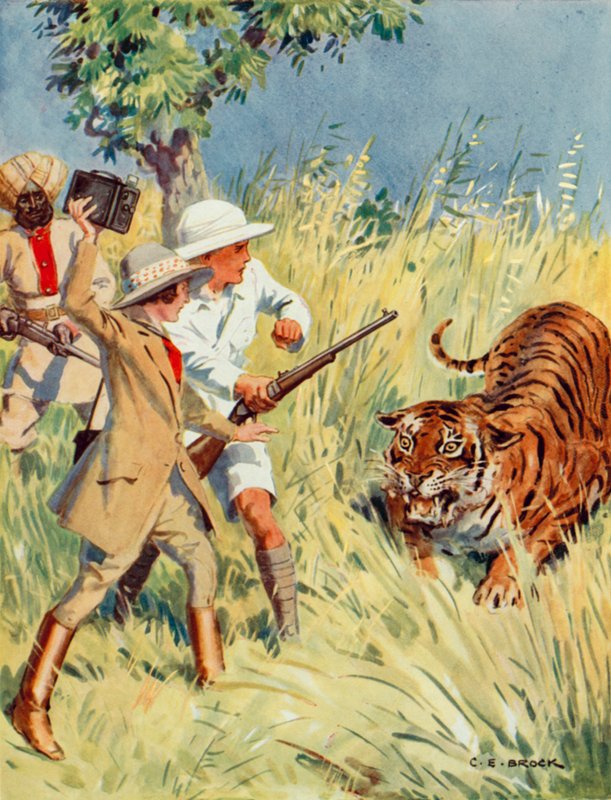 Polowanie na tygrysy w Indiach, scena z filmu The Other Tiger (kolor lito) autorstwa Charles Edmund Brock