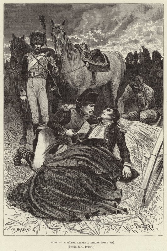 Mort du Marechal Lannes a Essling; Napoleon i umierający marszałek Lannes w bitwie pod Aspern-Essling w Austrii autorstwa Charles Edouard Delort