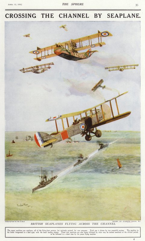 Brytyjskie wodnosamoloty przelatujące przez kanał La Manche (kolor lito) autorstwa Charles Edward (after) Dixon