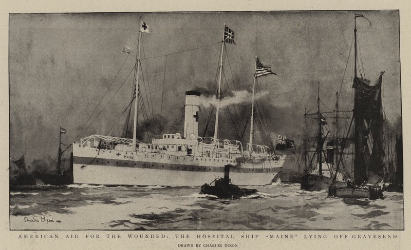 Amerykańska pomoc dla rannych, statek szpitalny Maine leżący przy Gravesend autorstwa Charles Edward Dixon