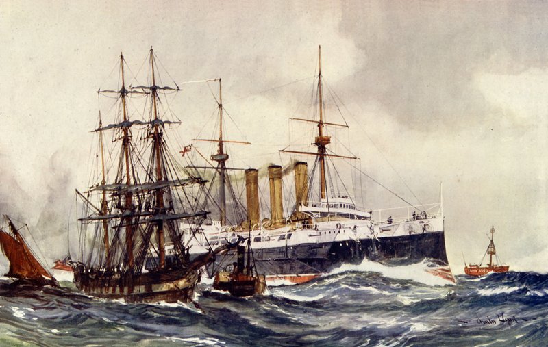 HMS Kent Passing South Sand Lightship autorstwa Charles Edward Dixon