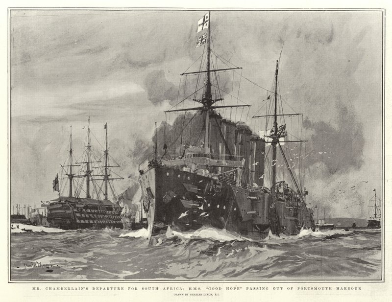 Wyjazd pana Chamberlaina do Republiki Południowej Afryki, HMS Good Hope wychodzący z Portsmouth Harbor autorstwa Charles Edward Dixon