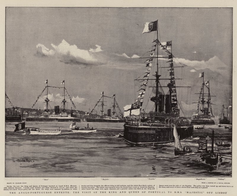 Anglo-portugalska Ententa, wizyta króla i królowej Portugalii w H M S Majestic u wybrzeży Lizbony autorstwa Charles Edward Dixon