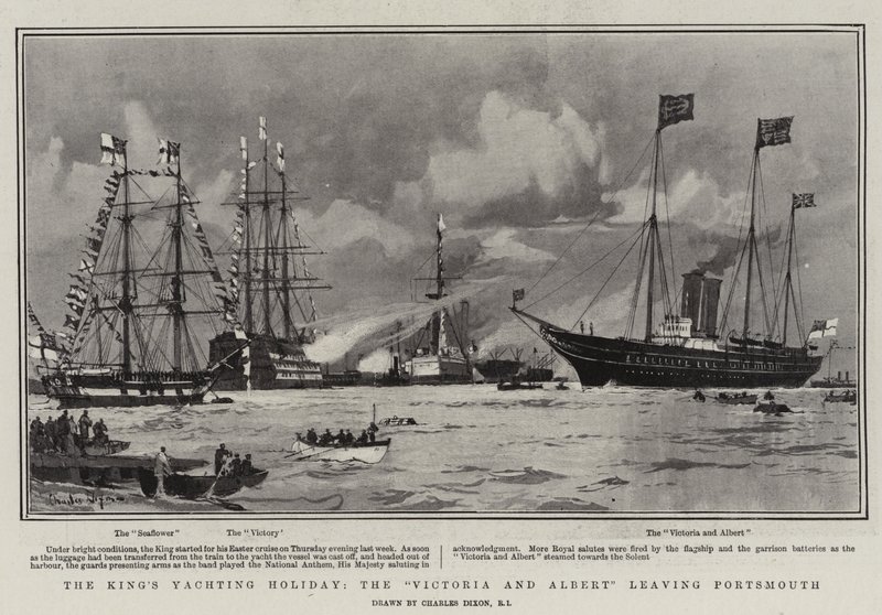 Królewskie wakacje na jachcie, Victoria i Albert wypływają z Portsmouth. autorstwa Charles Edward Dixon
