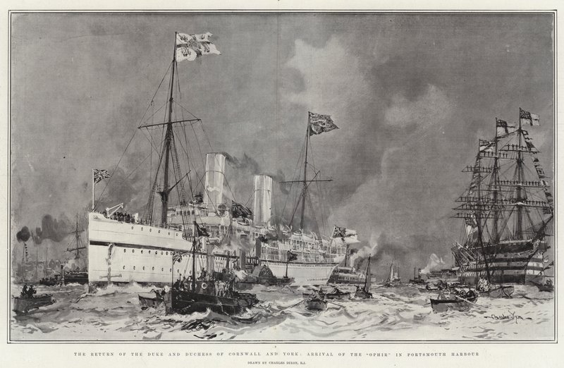 Powrót księcia i księżnej Kornwalii i Yorku, przybycie statku "Ophir" do portu w Portsmouth autorstwa Charles Edward Dixon
