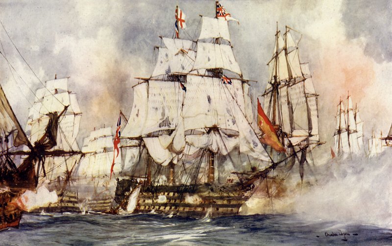 Zwycięstwo pod Trafalgarem. Okręt flagowy Nelsona zbliża się do Santissima Trinidad. autorstwa Charles Edward Dixon