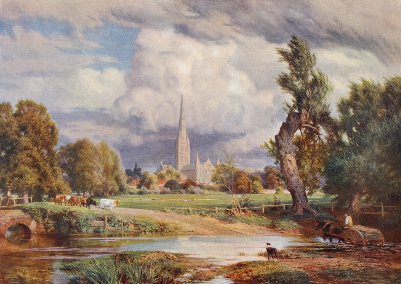 Katedra w Salisbury (kolorowa litografia) autorstwa Charles Edward Johnson