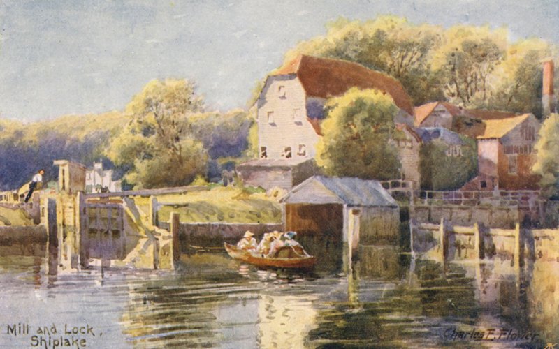 Tamiza: Młyn i śluza Shiplake (kolorowa litografia) autorstwa Charles Edwin Flower