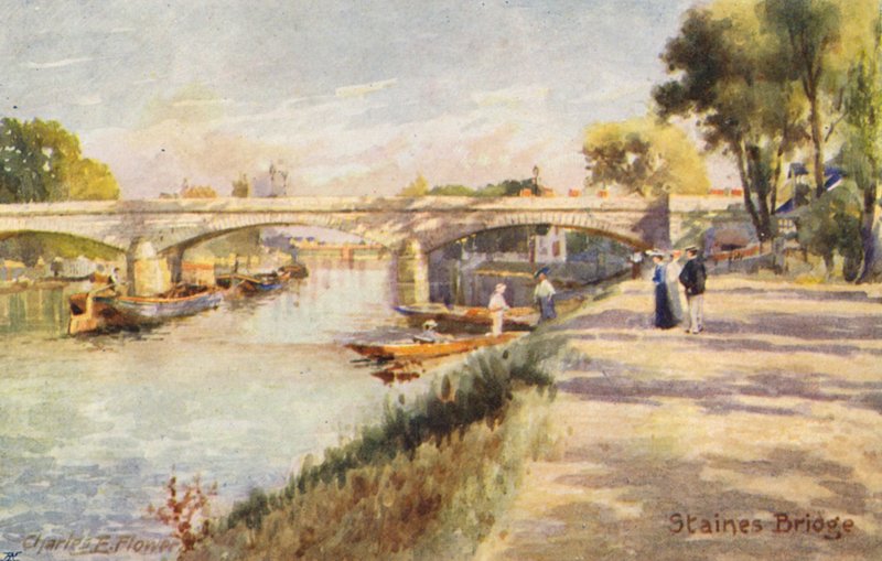 Tamiza: Staines Bridge (kolorowa litografia) autorstwa Charles Edwin Flower