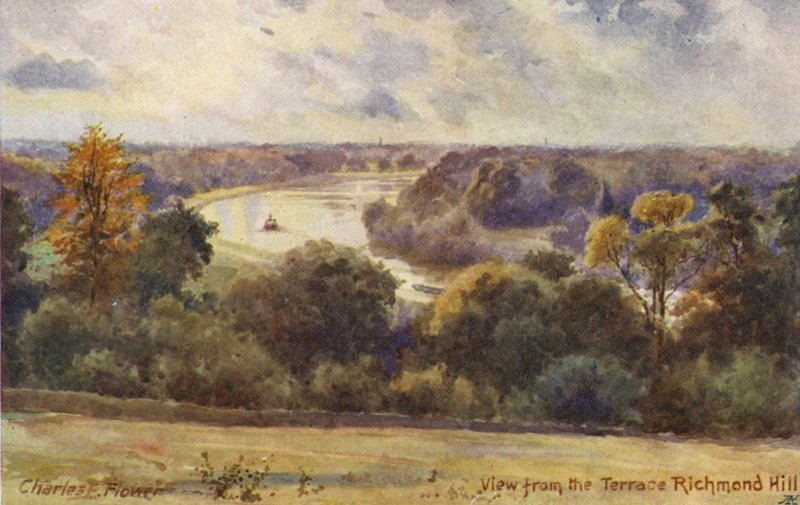 Tamiza: Widok z tarasu Richmond Hill (kolorowa litografia) autorstwa Charles Edwin Flower
