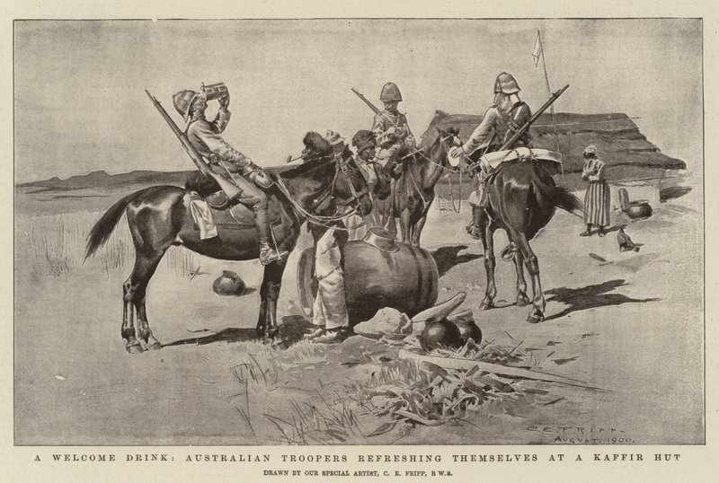 Drink powitalny, australijscy żołnierze orzeźwiają się w Kaffir Hut autorstwa Charles Edwin Fripp