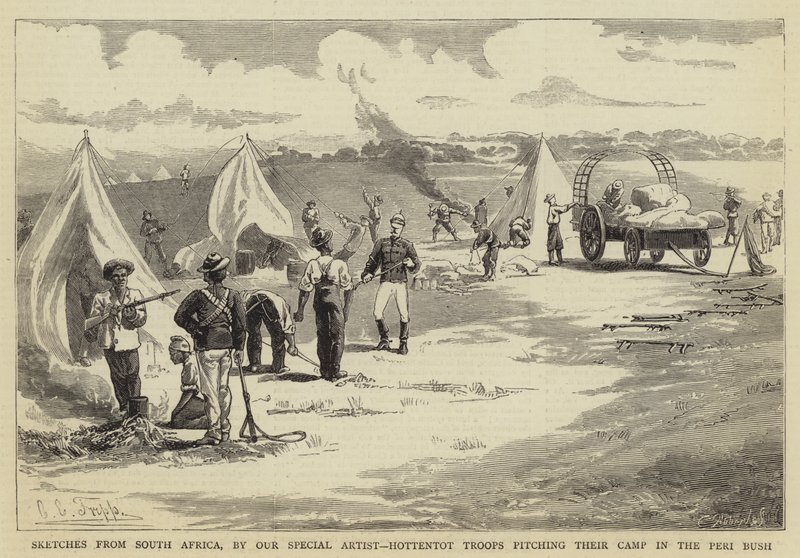 Szkice z Południowej Afryki, Hottentot Troops rozbijający swój obóz w Peri Bush autorstwa Charles Edwin Fripp