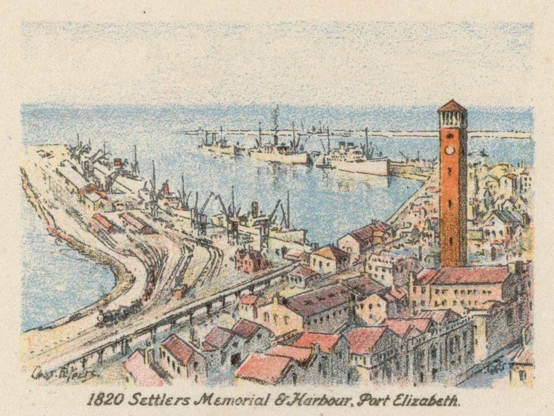 RPA: Pomnik osadników i port w Port Elizabeth z 1820 r. (kolorowa litografia) autorstwa Charles Ernest Peers