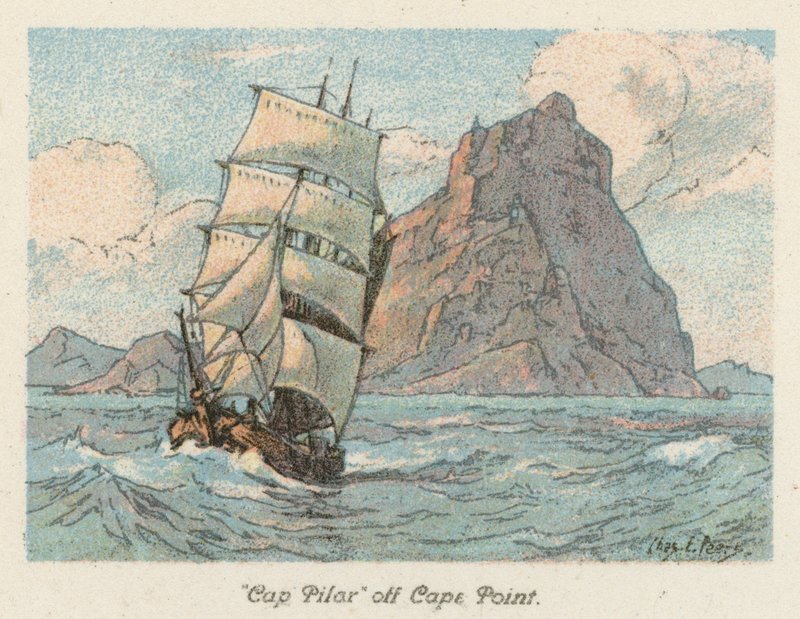 Republika Południowej Afryki: "Cap Pilar" u wybrzeży Cape Point (kolorowa litografia) autorstwa Charles Ernest Peers