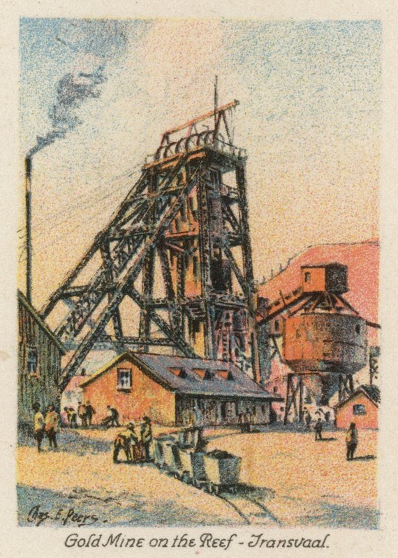 Republika Południowej Afryki: Kopalnia złota na rafie, Transvaal (kolorowa litografia) autorstwa Charles Ernest Peers