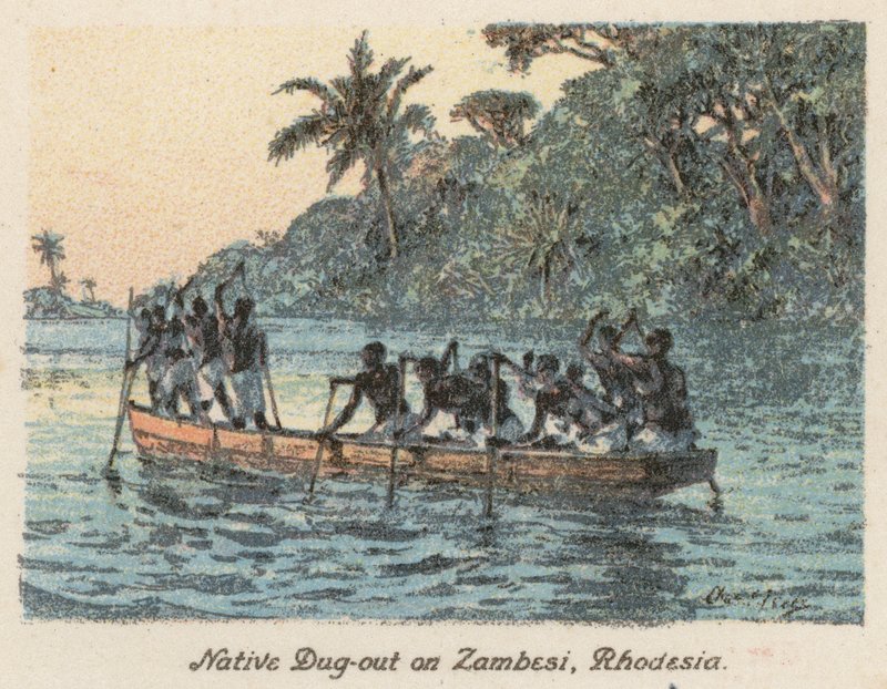 Republika Południowej Afryki: Native Dug-out na Zambesi, Rodezja (kolorowa litografia) autorstwa Charles Ernest Peers