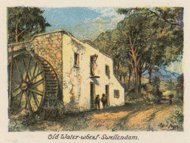 Republika Południowej Afryki: Stare koło wodne, Swellendam (kolorowa litografia) autorstwa Charles Ernest Peers