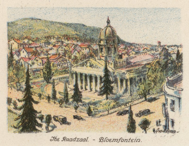 Republika Południowej Afryki: The Raadzaal, Bloemfontein (kolorowa litografia) autorstwa Charles Ernest Peers