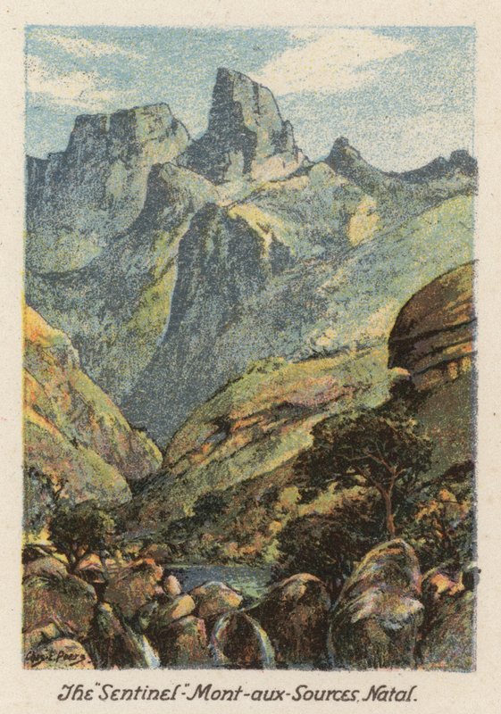 Republika Południowej Afryki: "Sentinel", Mont-aux-Sources, Natal (kolorowa litografia) autorstwa Charles Ernest Peers
