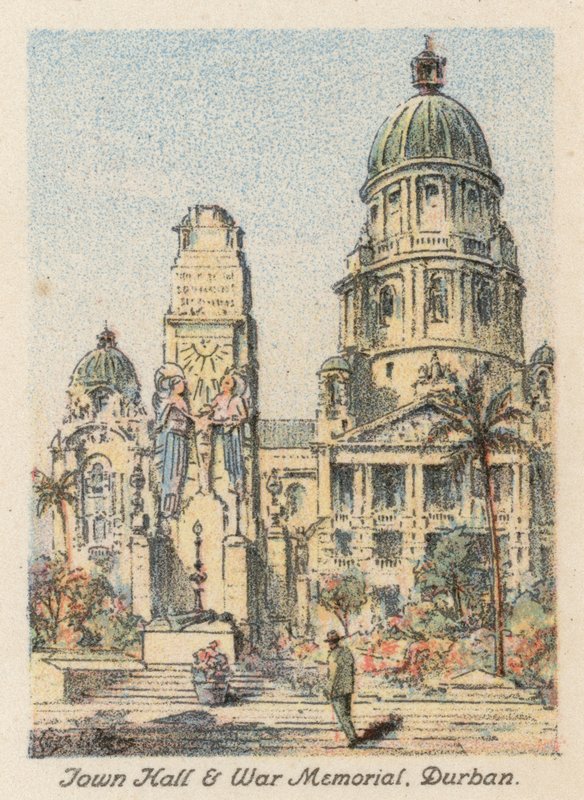 Republika Południowej Afryki: Ratusz i pomnik wojenny, Durban (kolorowa litografia) autorstwa Charles Ernest Peers